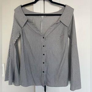 Off the shoulder white and navy button down blouse